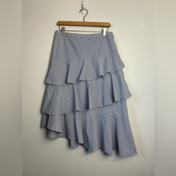 Cece Striped Women’s Size 8 Elegant Blue Tiered Midi Skirt Zip Pull on Old Money - Picture 1 of 10